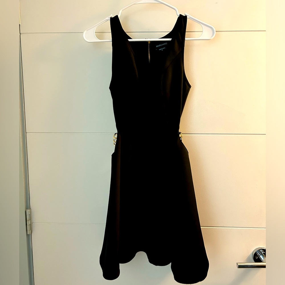 XS Marciano black a-line dress with gold chain waist detail